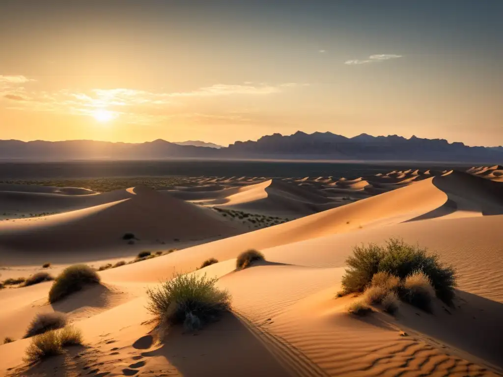 Un paisaje desértico con hierbas medicinales en paisajes áridos, bañado por la cálida luz dorada del sol