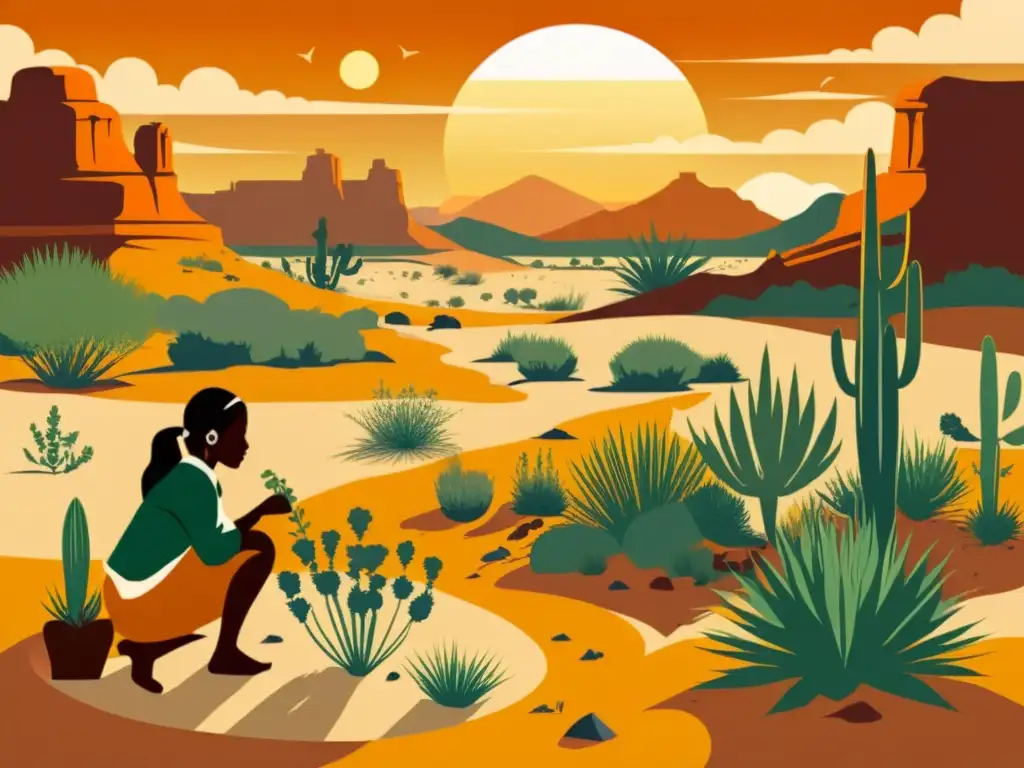 Un paisaje desértico con hierbas medicinales y personas indígenas recolectándolas