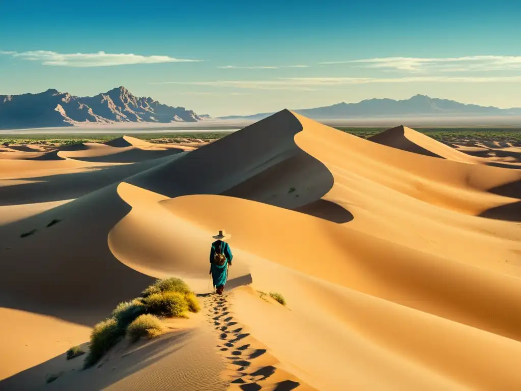 Un paisaje desértico impresionante con dunas de arena, un cielo azul y una figura solitaria