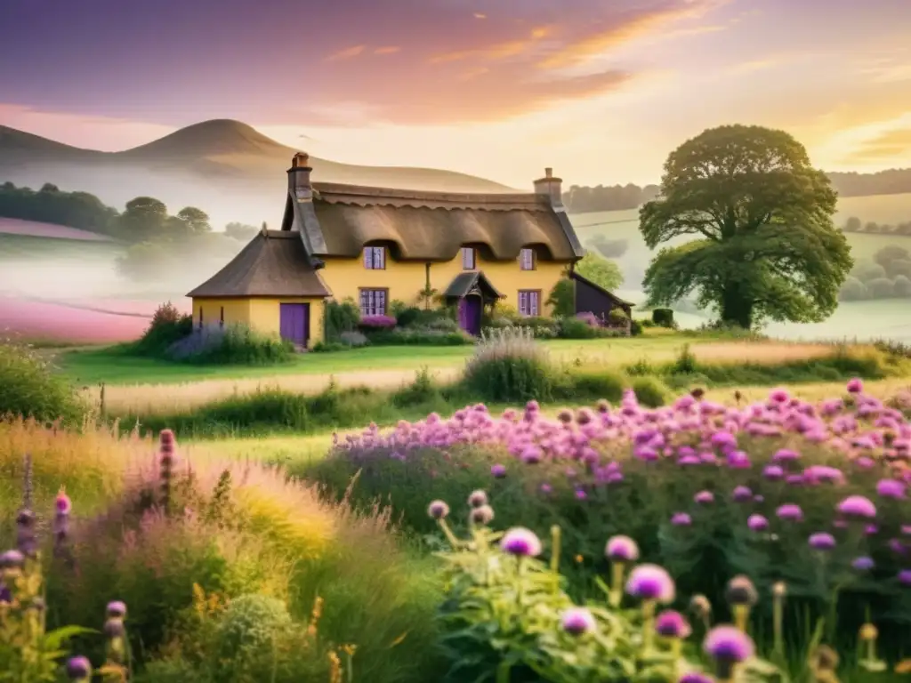 Un paisaje europeo exuberante con prados verdes y flores moradas