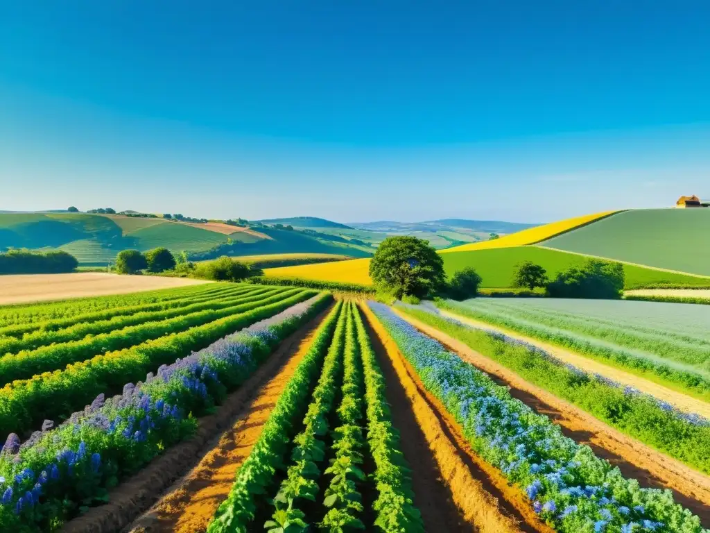 Un paisaje de granja agroecológica con cultivos verdes en colinas, cielo azul, sol cálido y abejas revoloteando alrededor de flores silvestres