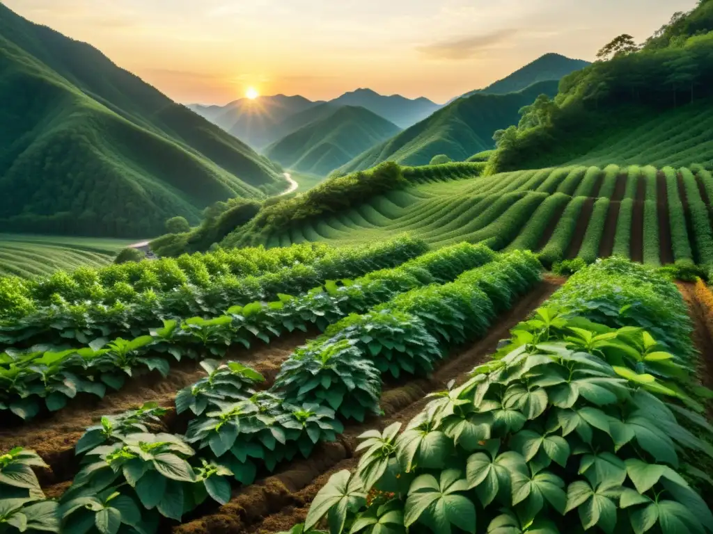 Un paisaje de granja de ginseng montañosa, con filas de plantas verdes