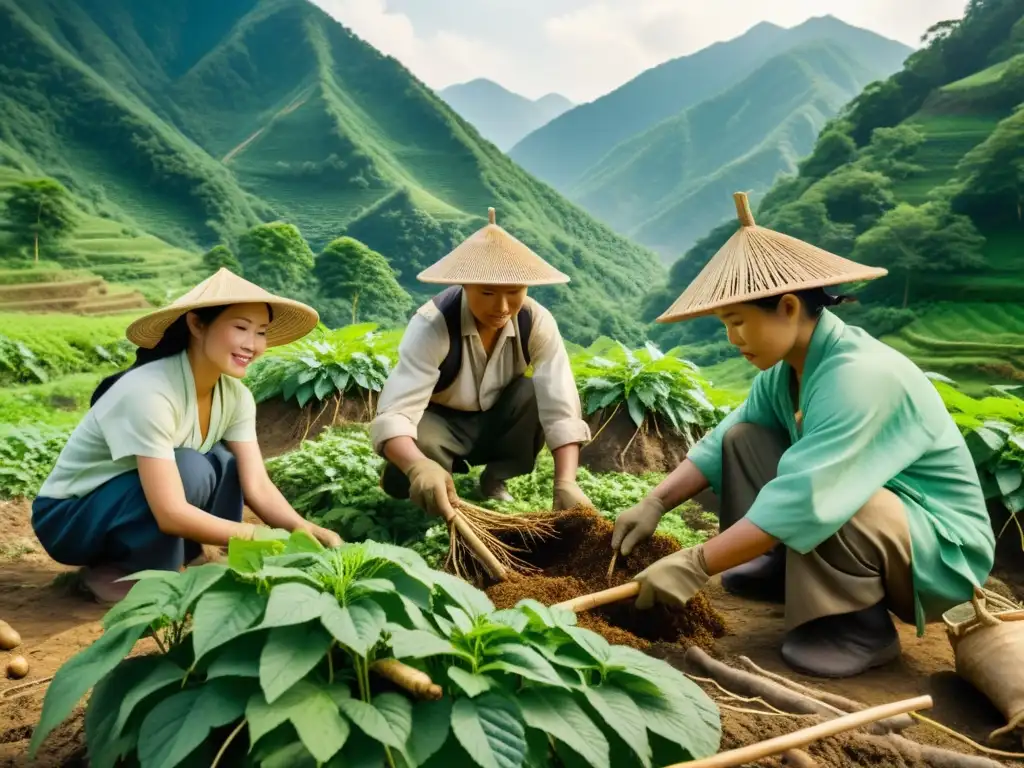 Un paisaje montañoso exuberante con personas cosechando raíces de ginseng