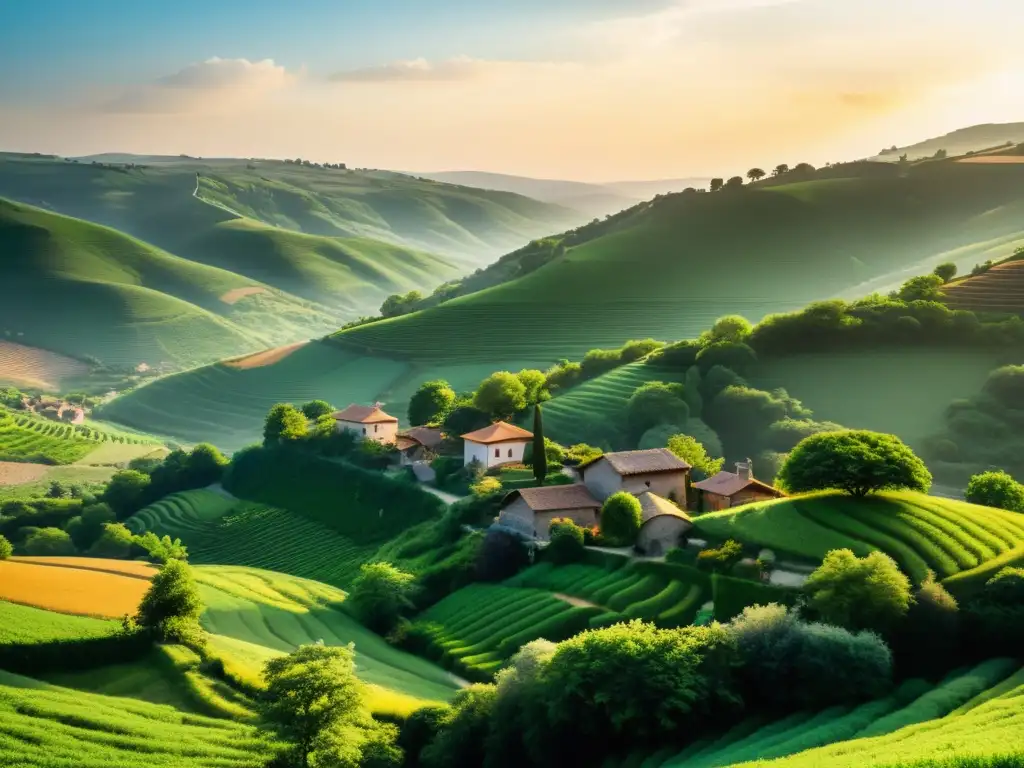 Un paisaje sereno y exuberante con colinas ondulantes cubiertas de vegetación verde vibrante