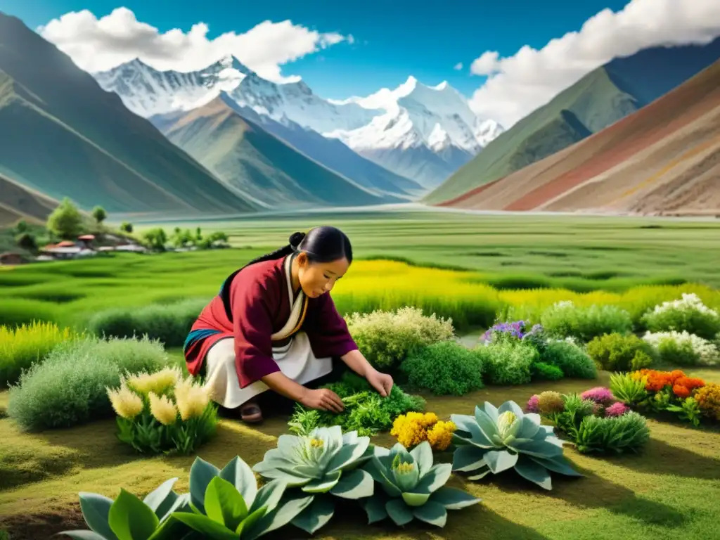 Un paisaje tibetano sereno con montañas nevadas y valles verdes, donde un sanador recolecta hierbas medicinales