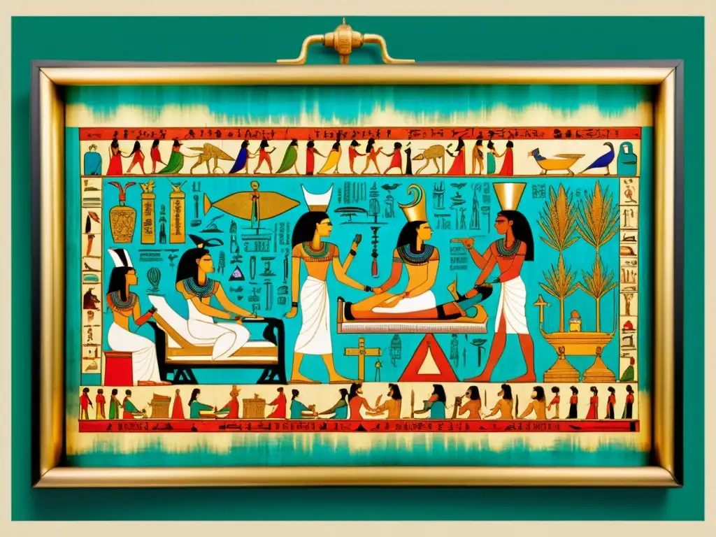 Un papiro detallado muestra medicina tradicional en el Antiguo Egipto, con jeroglíficos, médicos y dioses en colores vibrantes