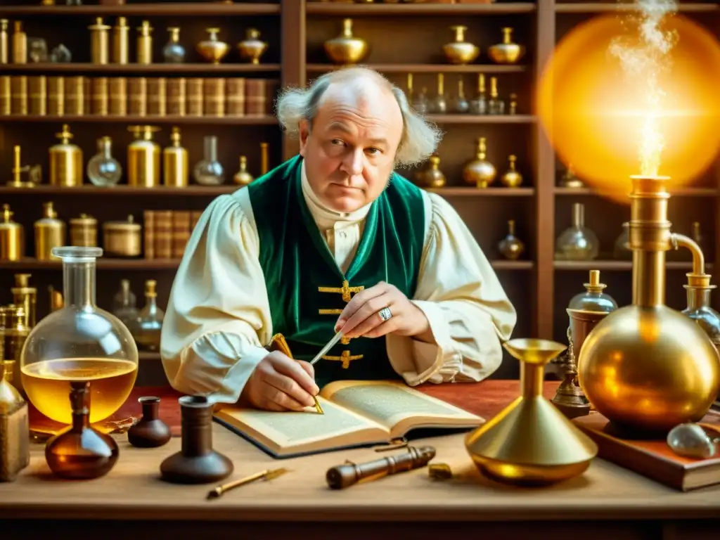 Paracelsus en su laboratorio alquímico: creando la poción dorada Paracelso en su laboratorio del Renacimiento, mezclando una poción entre luces doradas y libros antiguos