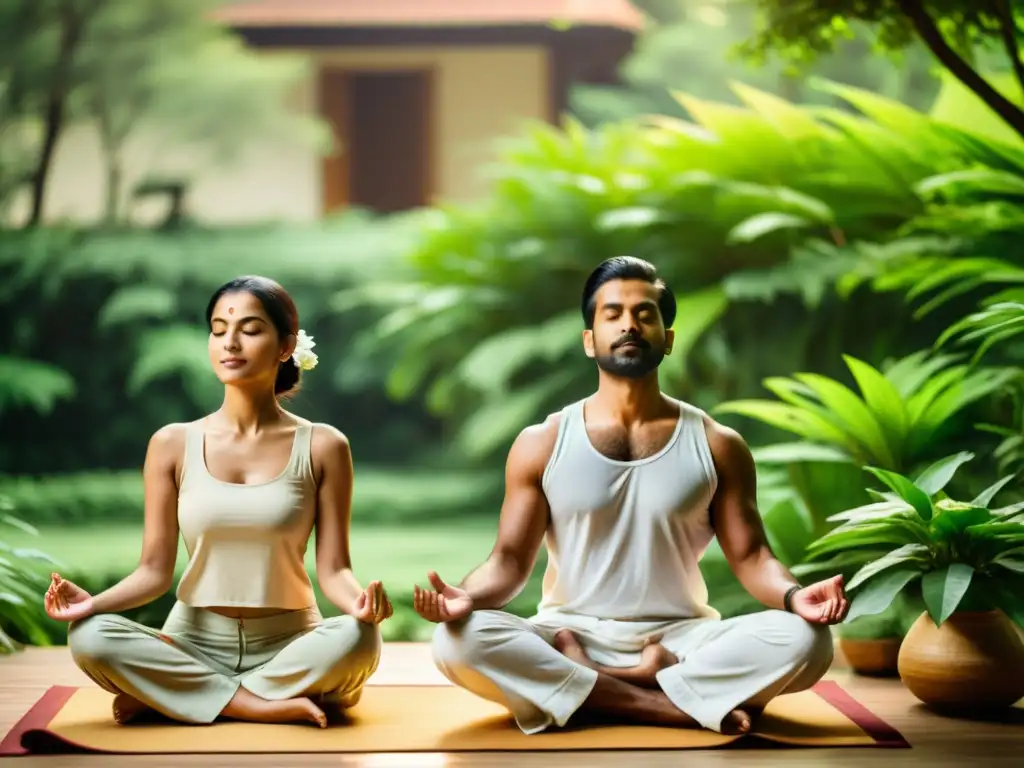 Una pareja practica yoga juntos en un entorno natural, promoviendo relaciones saludables con medicina Ayurveda