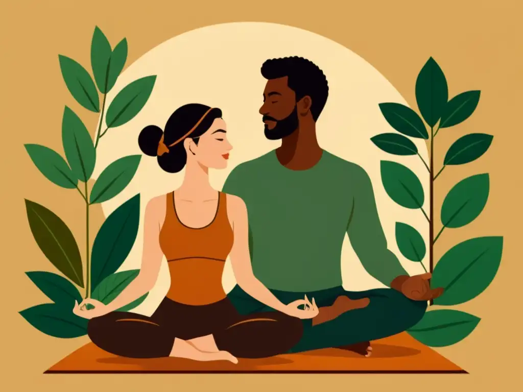 Una ilustración vintage de una pareja practicando yoga en armonía con la naturaleza, evocando relaciones saludables con medicina Ayurveda