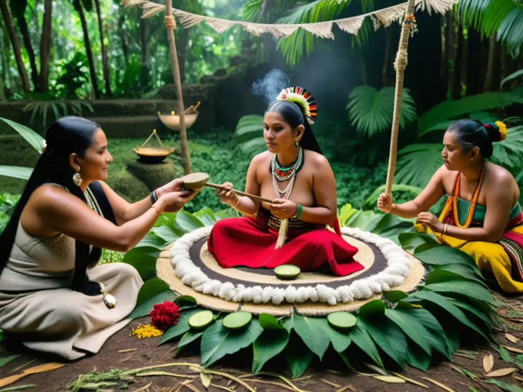 Una partera mesoamericana realiza un ritual de sanación con hierbas y herramientas tradicionales, rodeada de mujeres