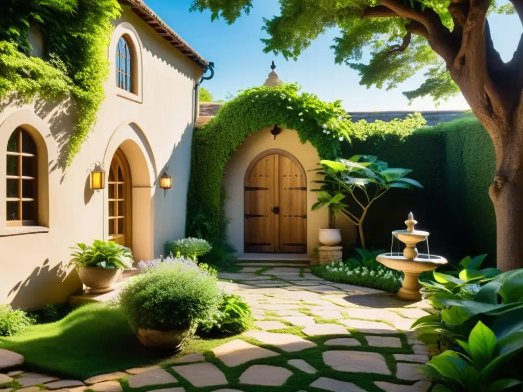 Jardín de spa vintage: serenidad y curación Un patio de spa vintage sereno con vegetación exuberante, una fuente burbujeante y suave luz cálida filtrándose a través de los árboles