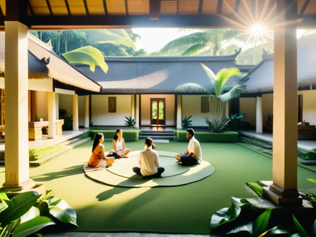 Un patio tranquilo en Bali, bañado por la cálida luz del sol