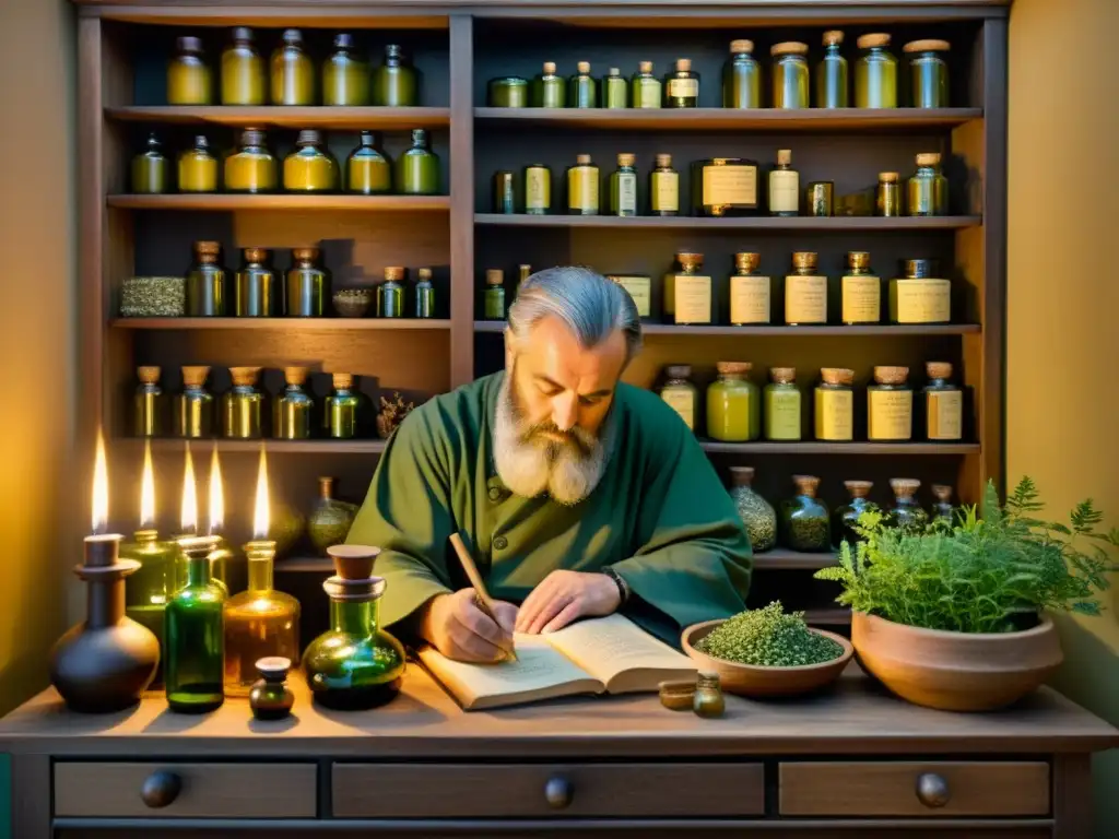 Pedanius Dioscorides trabaja en su estudio iluminado por velas, documentando plantas medicinales en una atmósfera vintage de farmacognosia historia