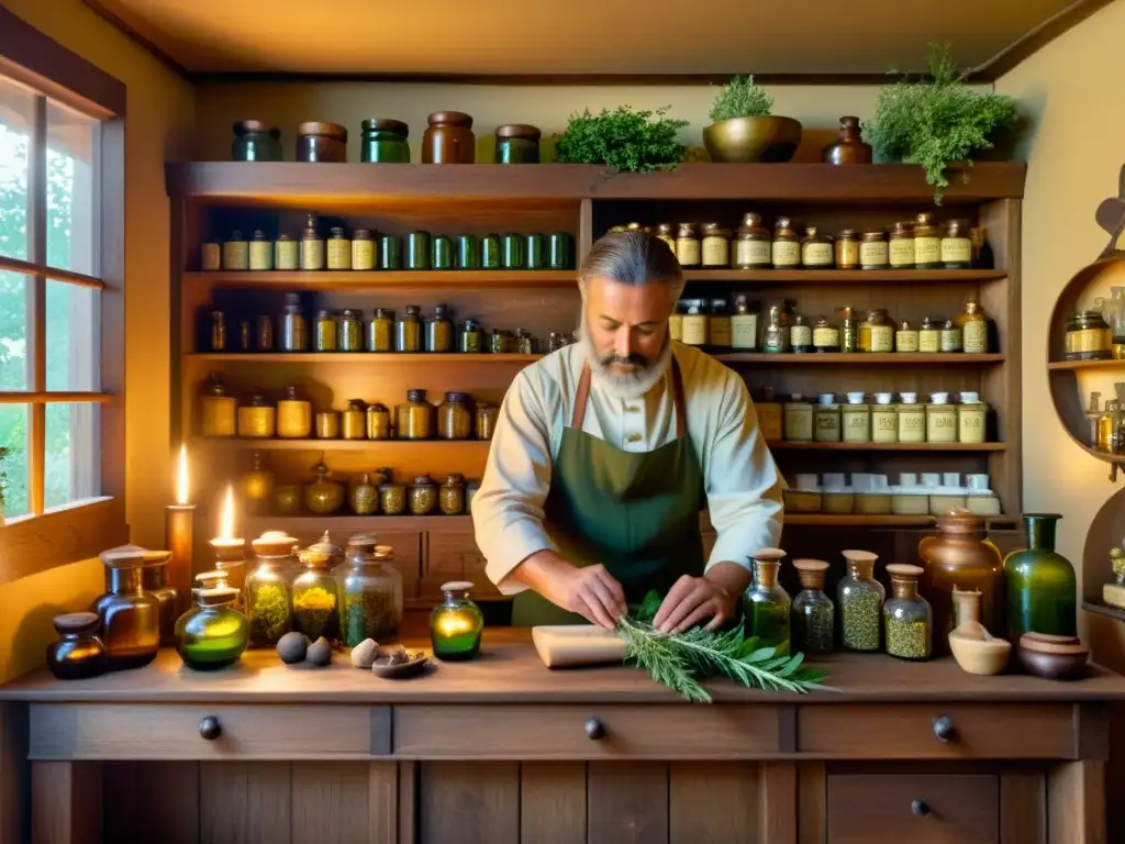 En la penumbra de una antigua botica, un herborista prepara remedios con ingredientes botánicos