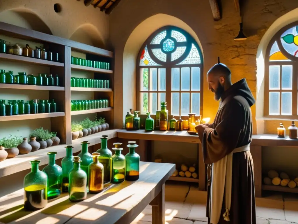 En la penumbra de un antiguo monasterio, monjes preparan hierbas medicinales en un apotecario, con la luz solar filtrándose a través de vitrales