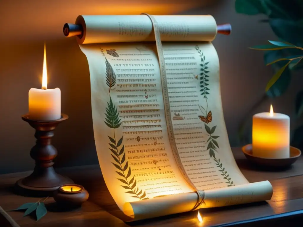 Peramino antiguo con ilustraciones de plantas indígenas, iluminado por velas