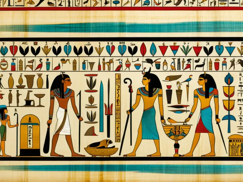 Pergamino egipcio: Medicina ancestral y misteriosa Un pergamino detallado con jeroglíficos y dibujos de la medicina tradicional en el Antiguo Egipto
