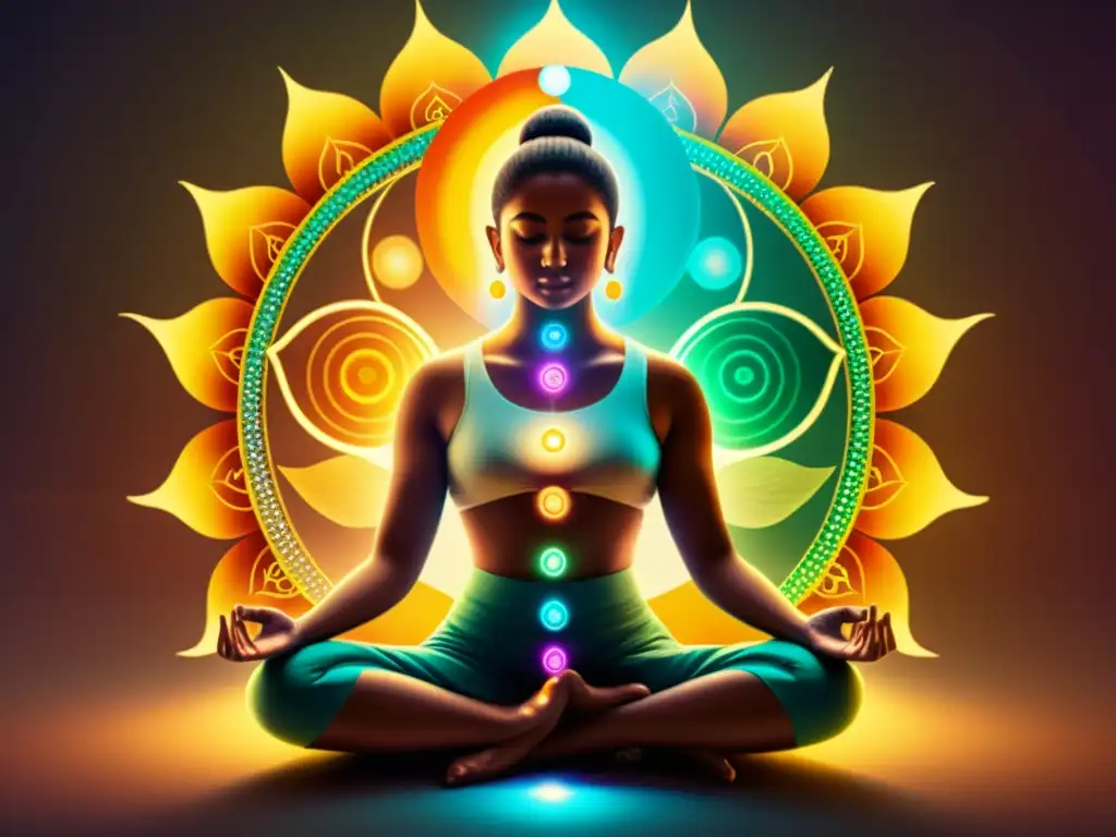 Una ilustración vintage de una persona meditando con chakras brillantes alineados a lo largo de su cuerpo, rodeada de energía tranquila y cálida