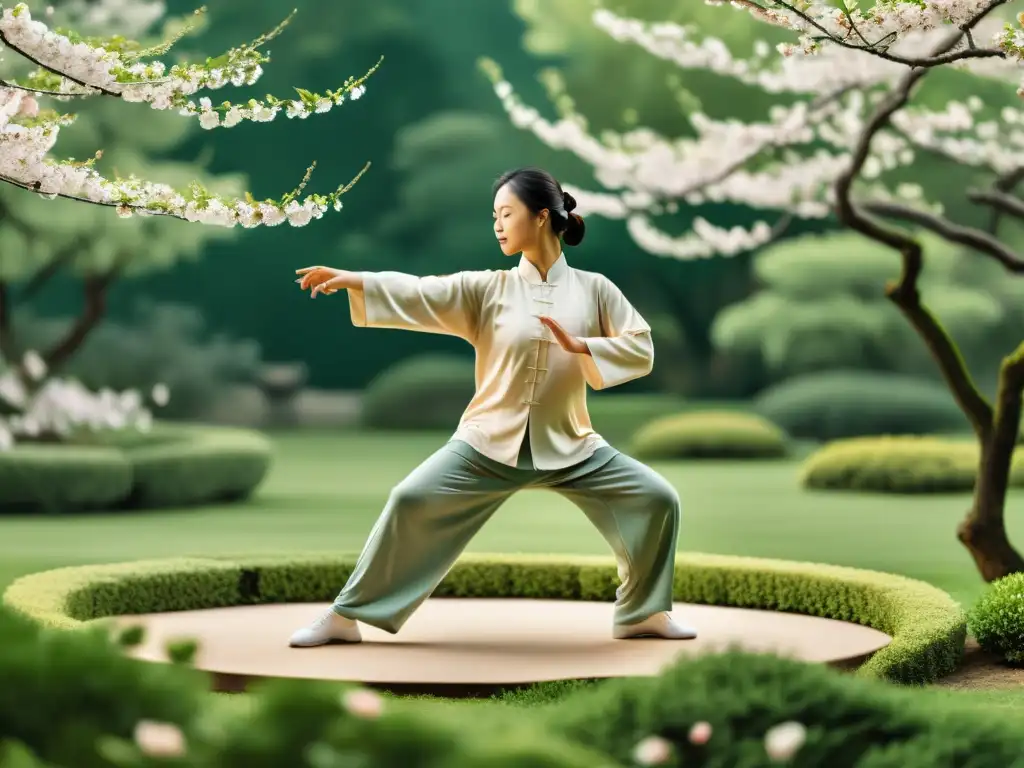 Una ilustración vintage de una persona practicando Tai Chi en un jardín sereno, rodeada de flores de cerezo en flor y exuberante vegetación