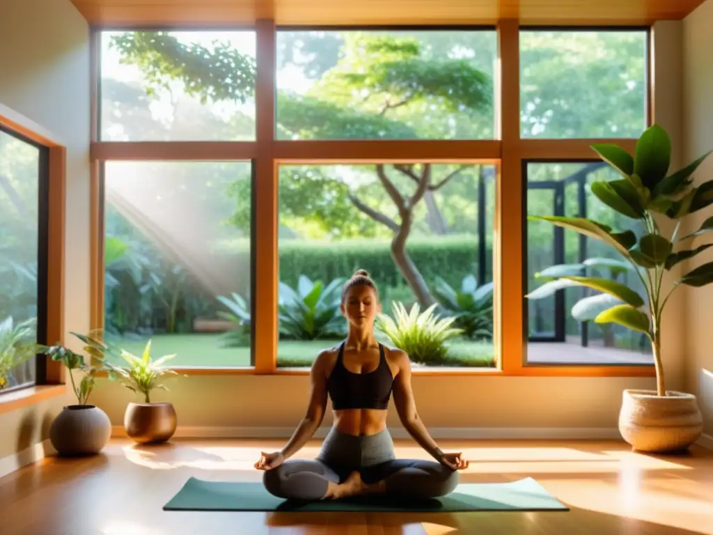 Persona en equilibrio practicando yoga en un estudio sereno, con luz natural y vistas a un jardín tranquilo