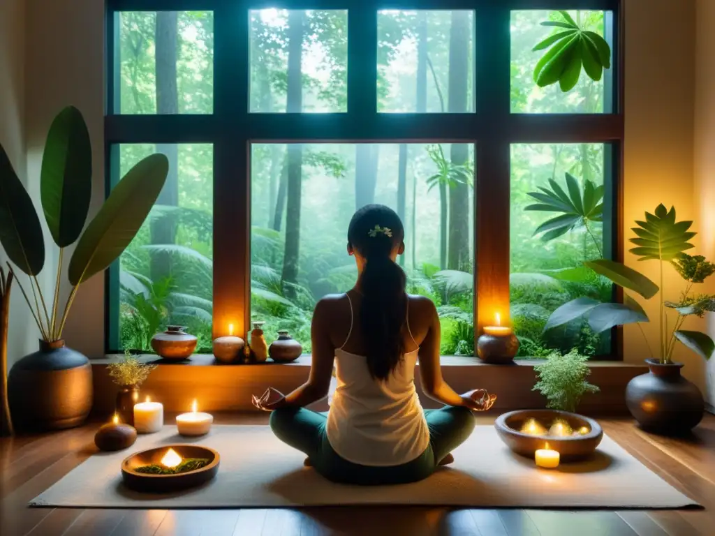 Persona meditando en habitación serena con herramientas de sanación holística y vista a bosque exuberante