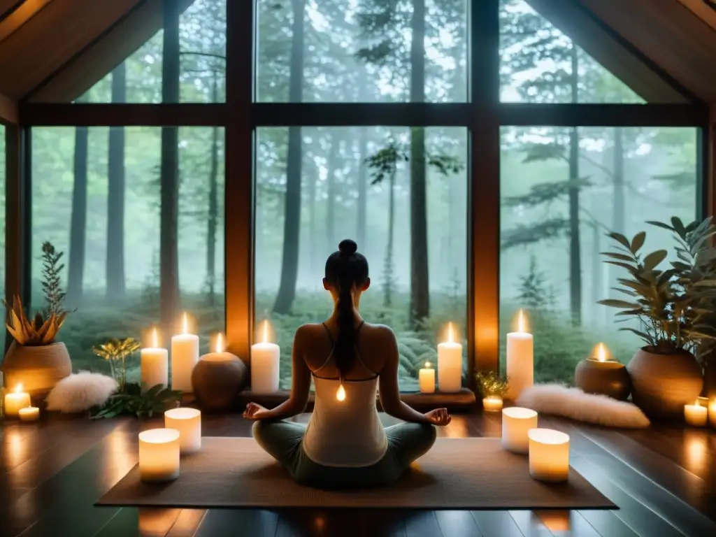 Persona meditando en una habitación con velas y elementos espirituales, creando una atmósfera de Ceremonia del Silencio Sanación Interior