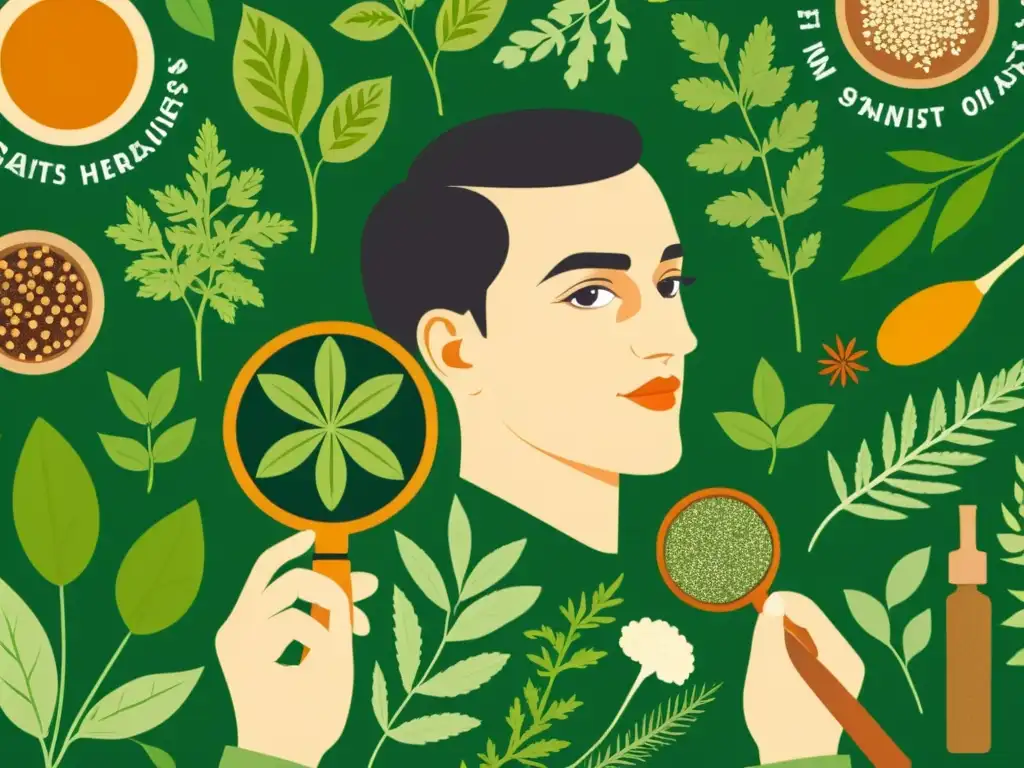 Una ilustración vintage de una persona examinando hierbas y plantas con una lupa, rodeada de una variedad de especias y hierbas etiquetadas