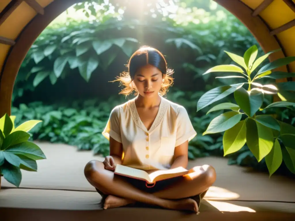 Persona en meditación con libro antiguo en un espacio sereno, rodeado de naturaleza