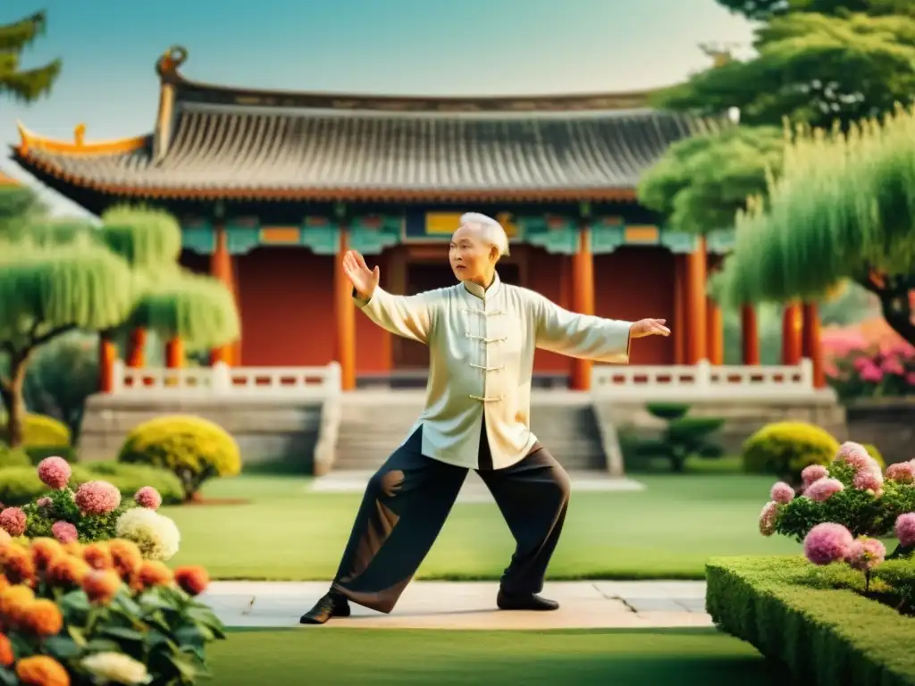 Persona mayor practicando Tai Chi en un jardín sereno, rodeada de flores coloridas y arquitectura china antigua