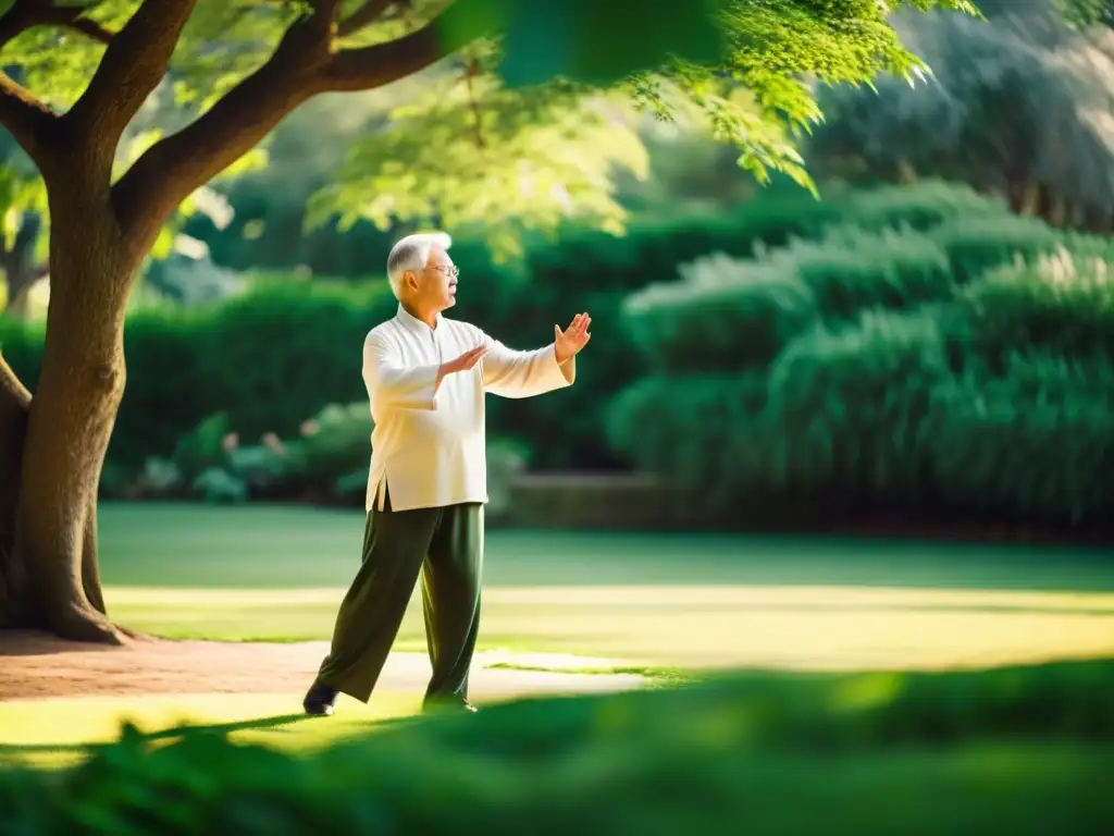 Una persona mayor practica Tai Chi en un jardín exuberante y tranquilo, evocando calma y concentración