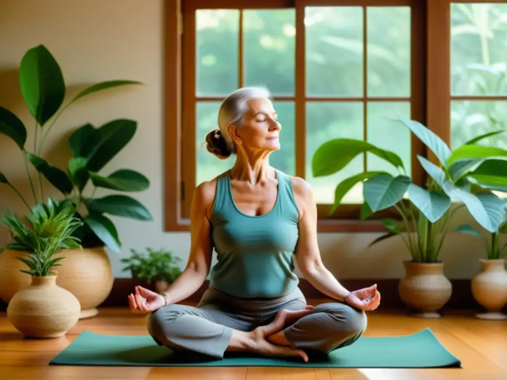 Persona mayor practicando yoga en un espacio sereno, con decoración vintage y hierbas ayurvédicas