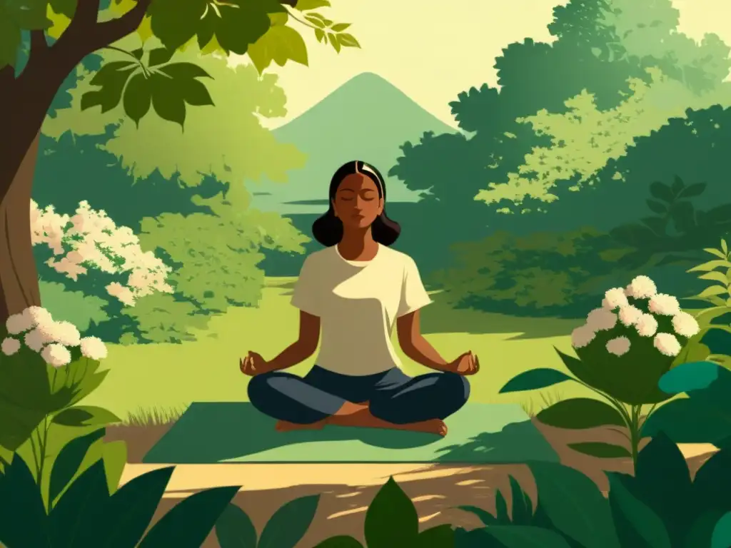 Persona meditando en la naturaleza, rodeada de vegetación exuberante y flores, generando una atmósfera calmada y reflexiva