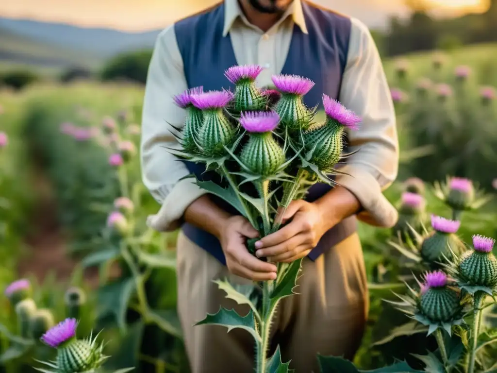 Una persona sostiene plantas de cardo mariano en un entorno campestre, evocando su belleza natural y beneficios para el hígado