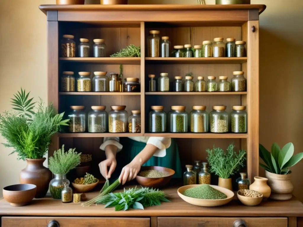 Persona recolectando y guardando plantas medicinales en casa, rodeada de hierbas secas y ilustraciones botánicas en una atmósfera nostálgica y serena