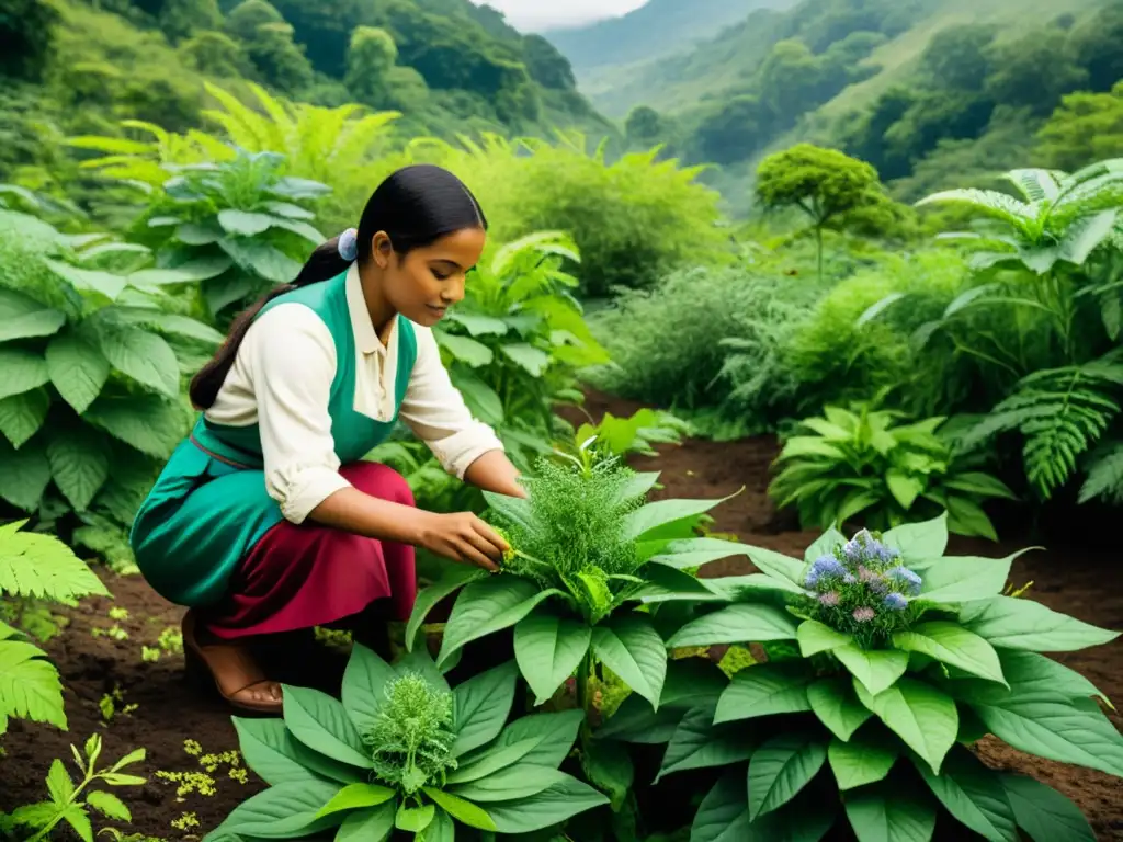 Persona recolectando plantas medicinales de forma ética en un exuberante bosque salvaje