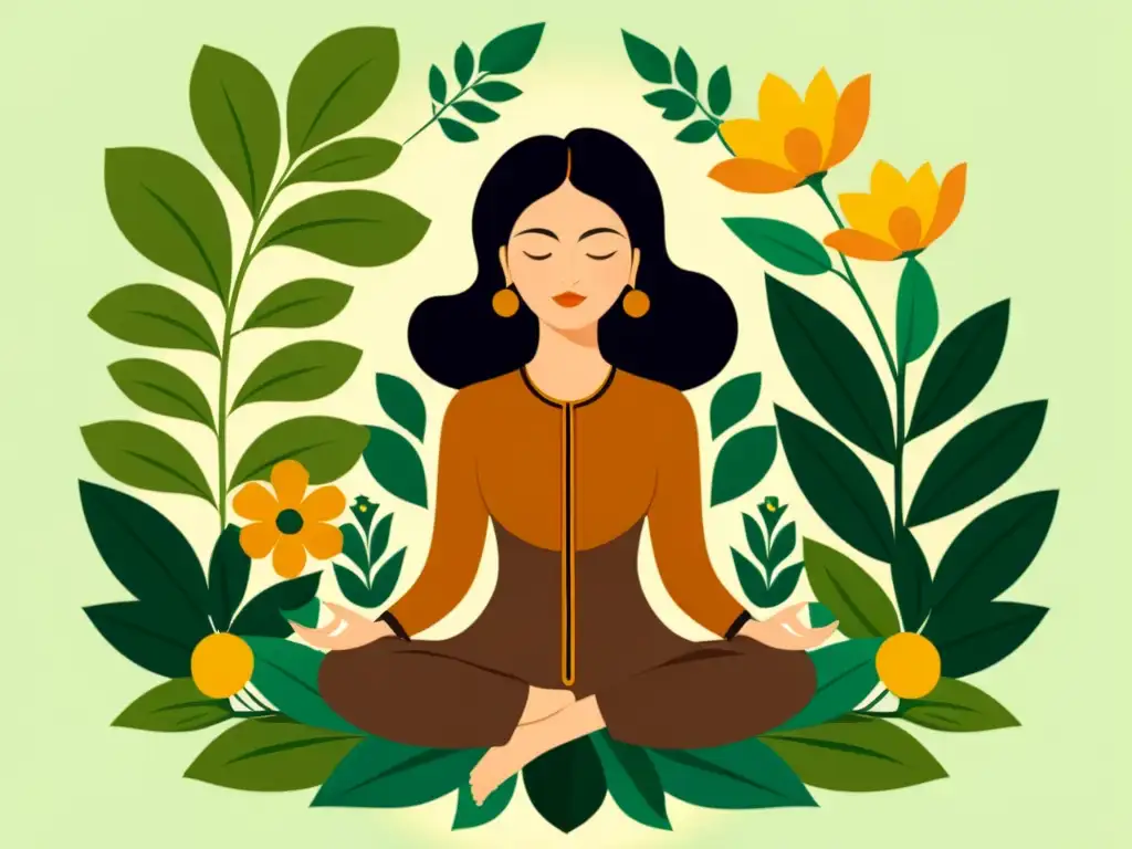 Persona en postura meditativa entre exuberante vegetación y flores, irradiando paz y transformación interior en retiro de medicina tradicional