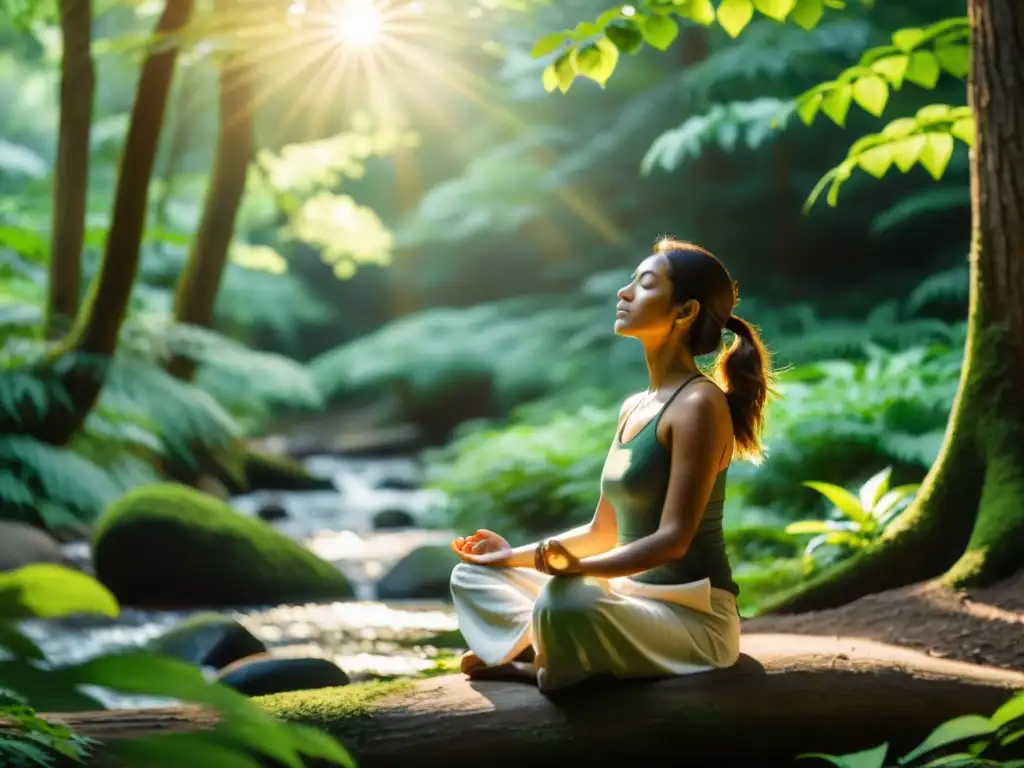 Persona practicando pranayama en la Medicina Ayurvédica, en un bosque exuberante y sereno, conectando con la naturaleza y la paz interior