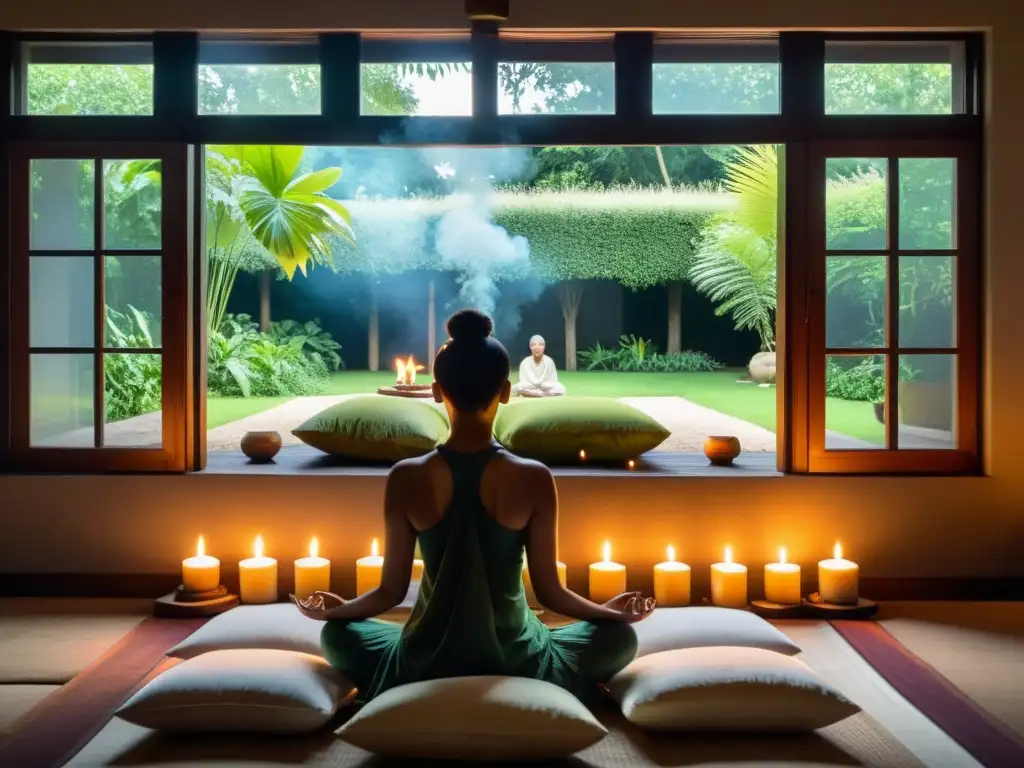 'Persona en profunda meditación, rodeada de velas e incienso, en un cuarto iluminado con vista a un jardín exuberante