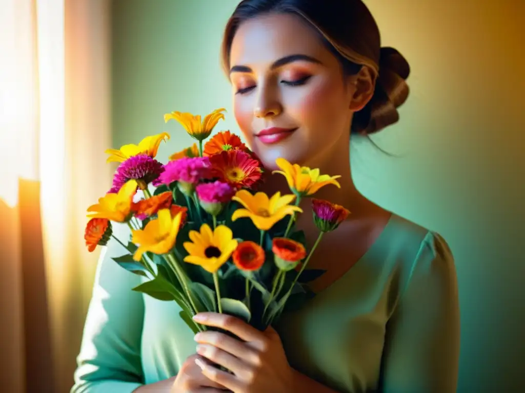 Una persona sostiene un ramo de flores vibrantes bajo la cálida luz del sol, transmitiendo calma y serenidad