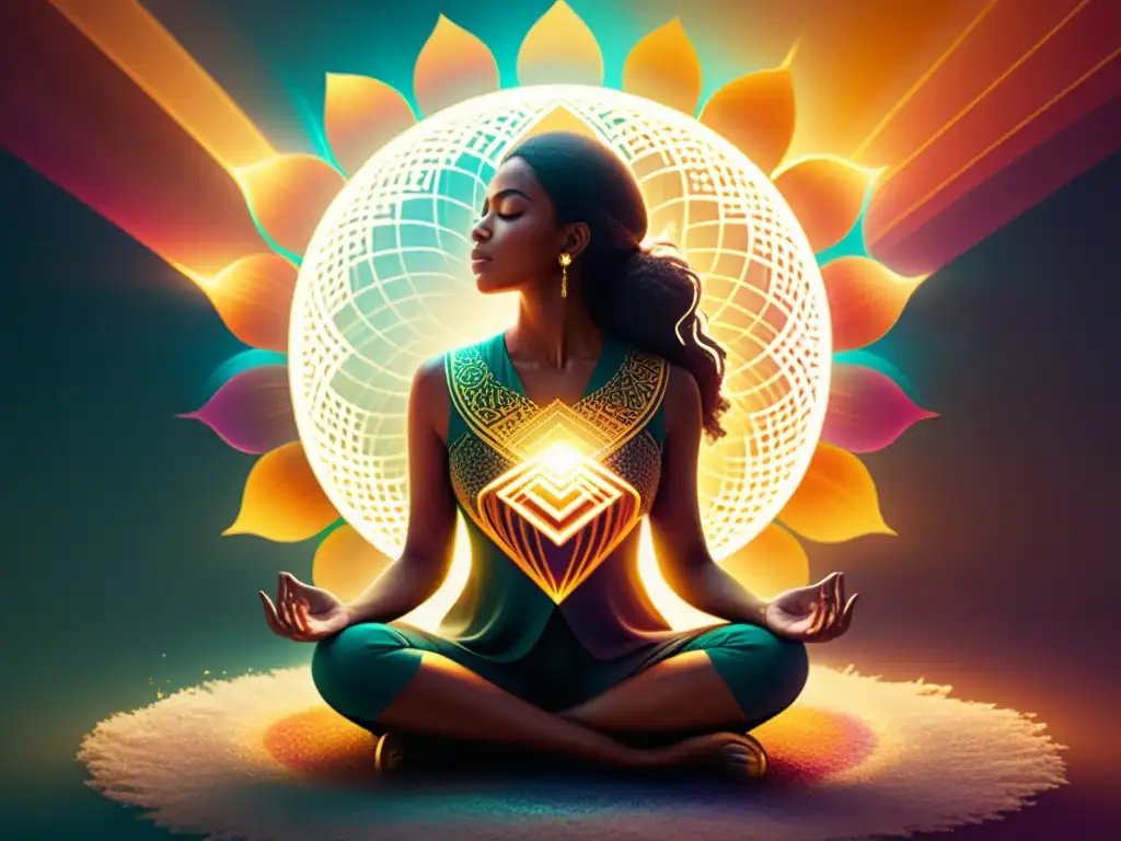 Persona en meditación rodeada de energía brillante y colores vibrantes