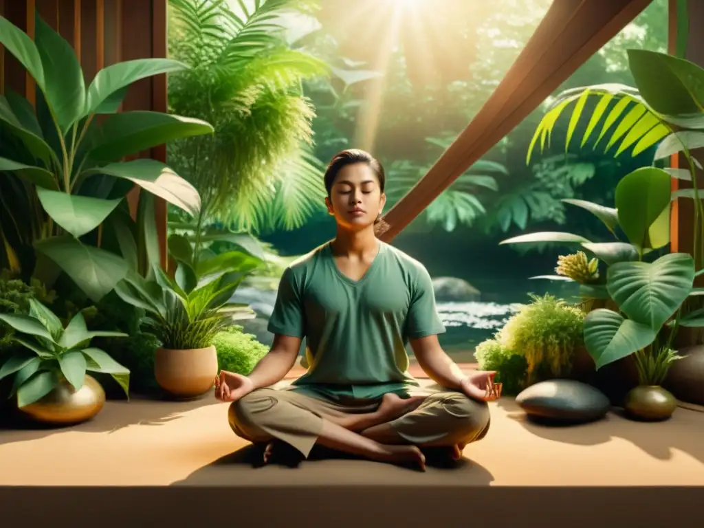 Persona en meditación rodeada de plantas, agua y luz solar