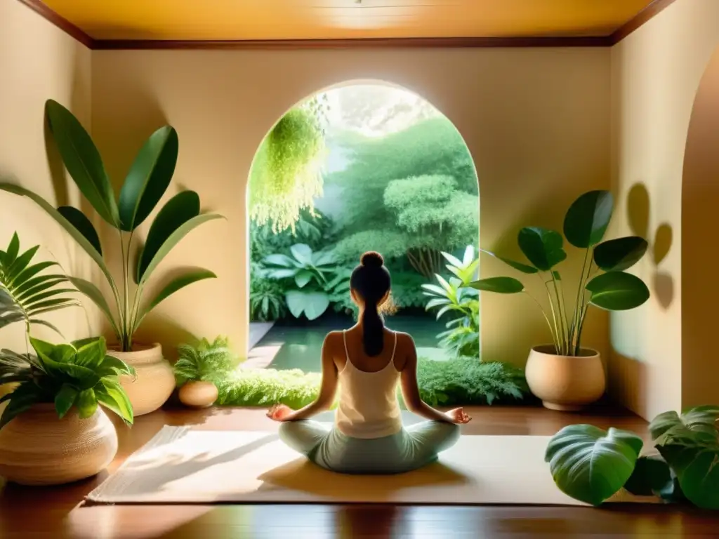 Persona meditando en un tranquilo salón, rodeada de vegetación exuberante y tonos cálidos, evocando los beneficios de la meditación en centros