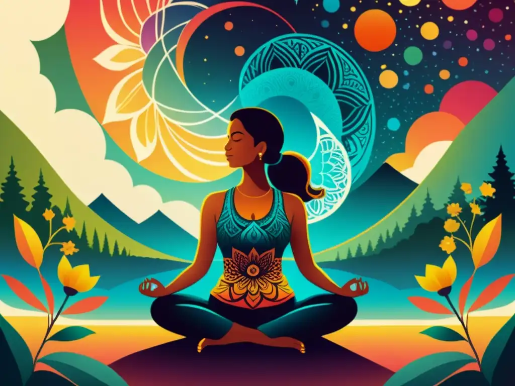 Una ilustración vintage de una persona practicando yoga en un entorno natural, rodeada de colores vibrantes de los chakras