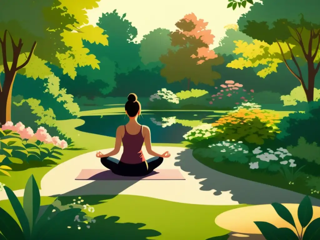 Persona practicando yoga en un jardín sereno, bañado por la cálida luz del sol