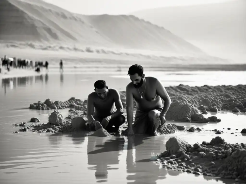 Personas aplicando barro del Mar Muerto en la orilla, reflejando la serenidad de las terapias antiguas del Mar Muerto