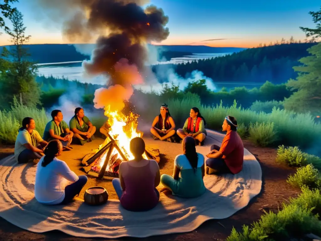 Personas en ceremonia nativa americana alrededor de fogata en la naturaleza