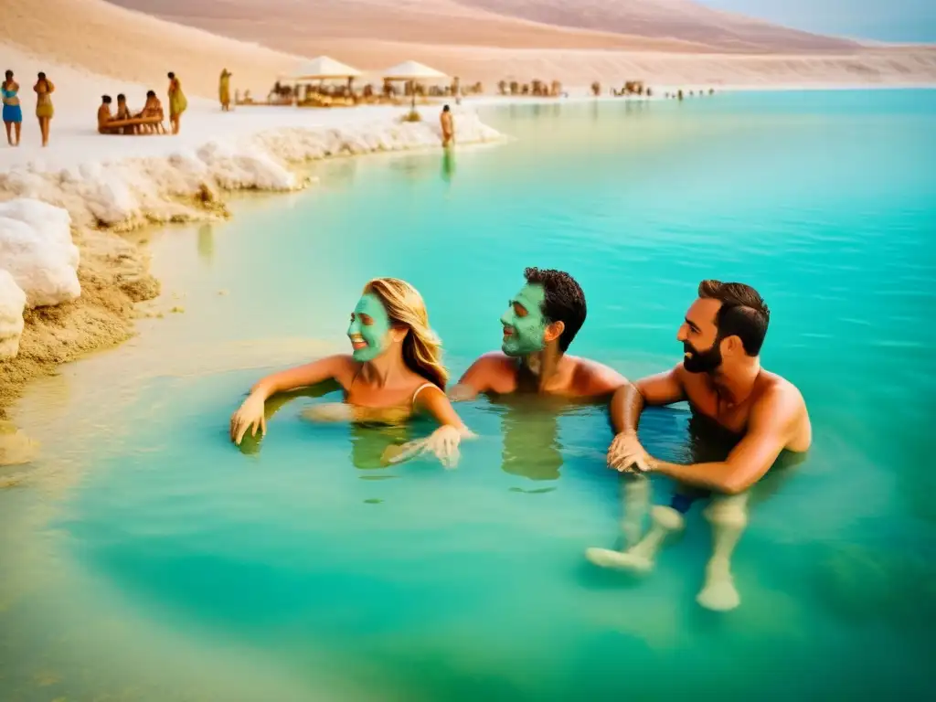 Personas disfrutando de terapias antiguas del Mar Muerto con máscaras de arcilla y barro, sumergidas en aguas minerales tranquilas y cálidas