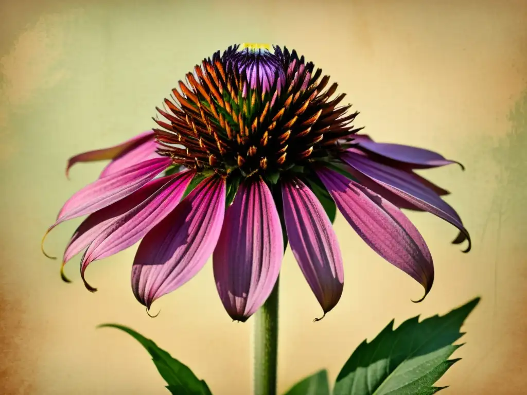 Una ilustración vintage de Echinacea purpurea, con sus pétalos rosados vibrantes y un centro espinoso naranja-marrón, rodeado de hojas verdes