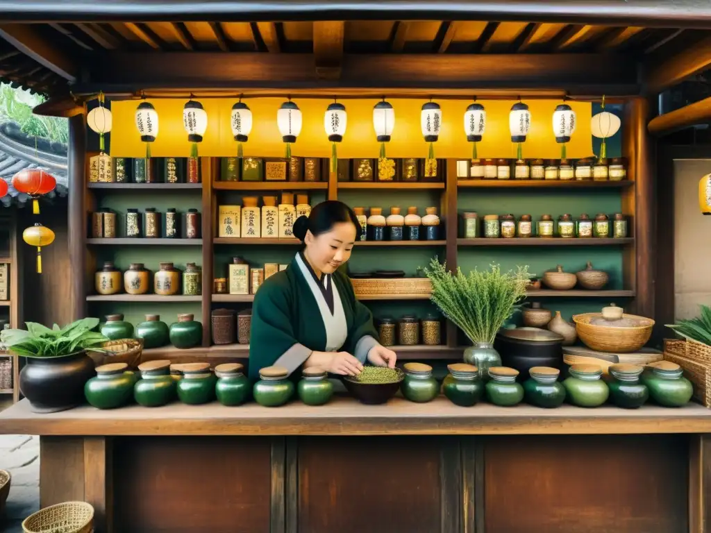 Una pintura china vintage muestra una tienda de hierbas medicinales tradicionales con clientes y un herborista preparando remedios