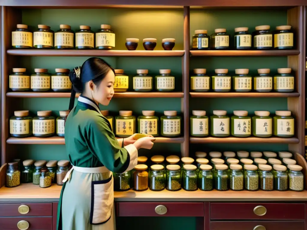 Una pintura detallada de una antigua farmacia china, con estantes llenos de frascos etiquetados y cajones de hierbas